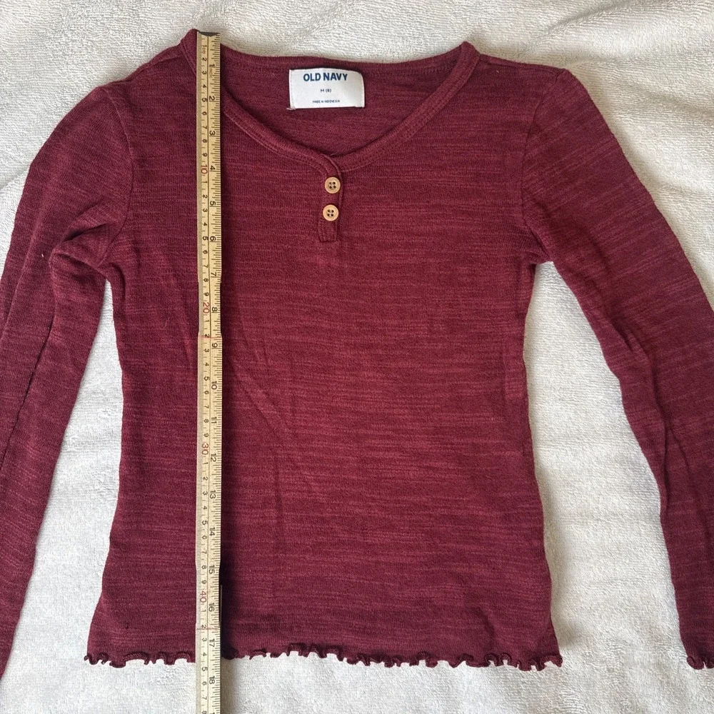 Old Navy Rib-Knit Lettuce-Edge Red Henley Long Sleeve Shirt Girls medium 8